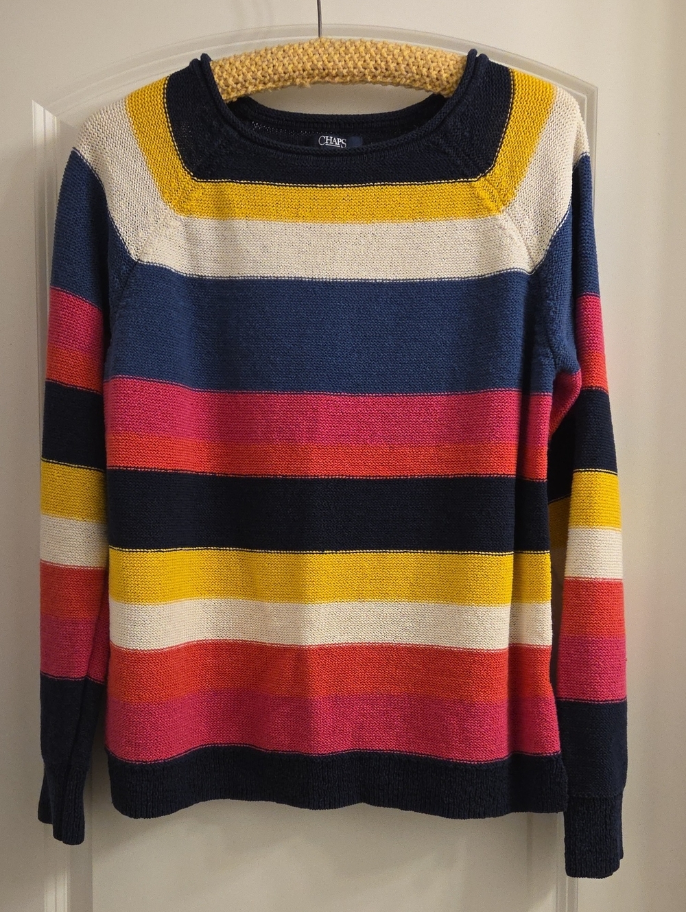Chaps Navy, Yellow, Pink & Cream Striped Crewneck Sweater